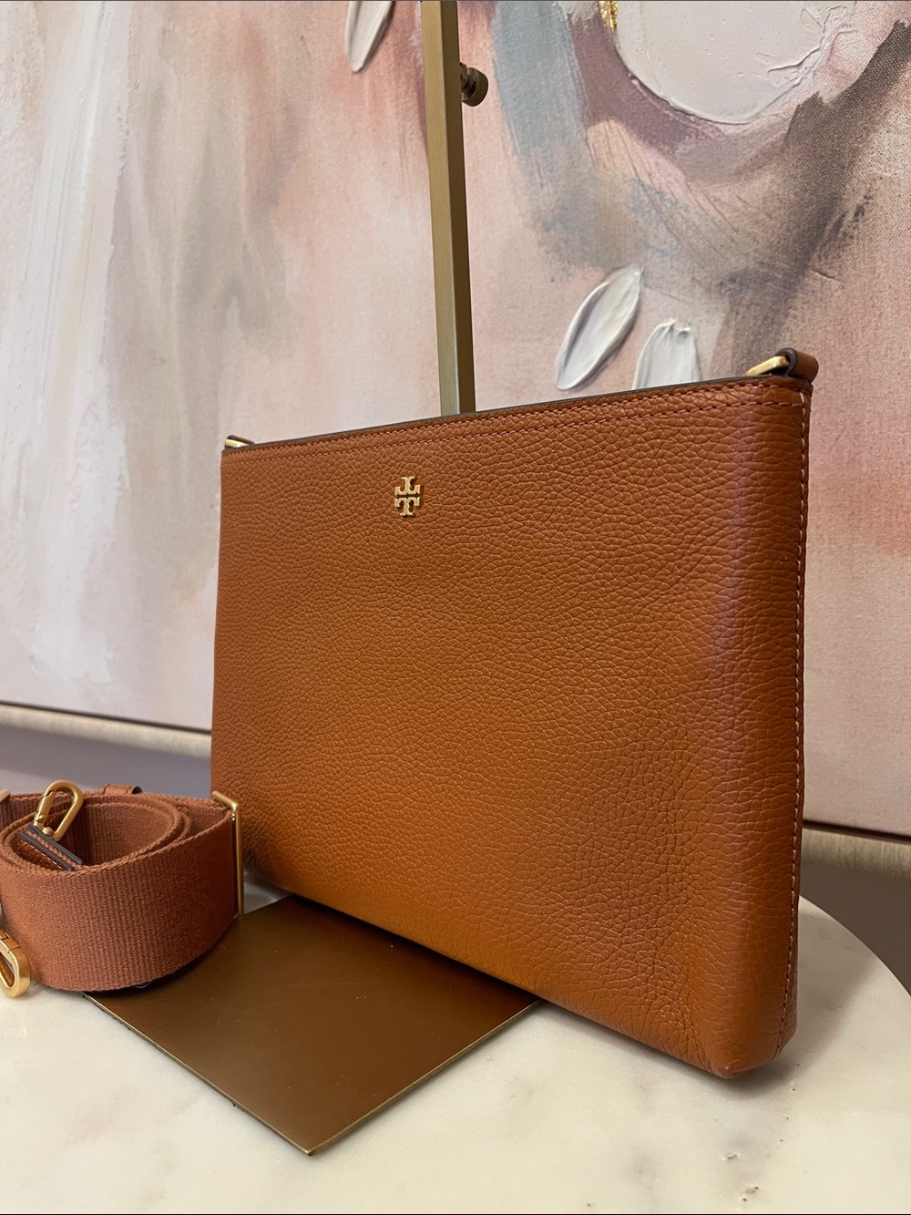 Tory Burch Blake Pebbled Leather Crossbody — Cognac Brown with Gold Hardware - Picture 2 of 7